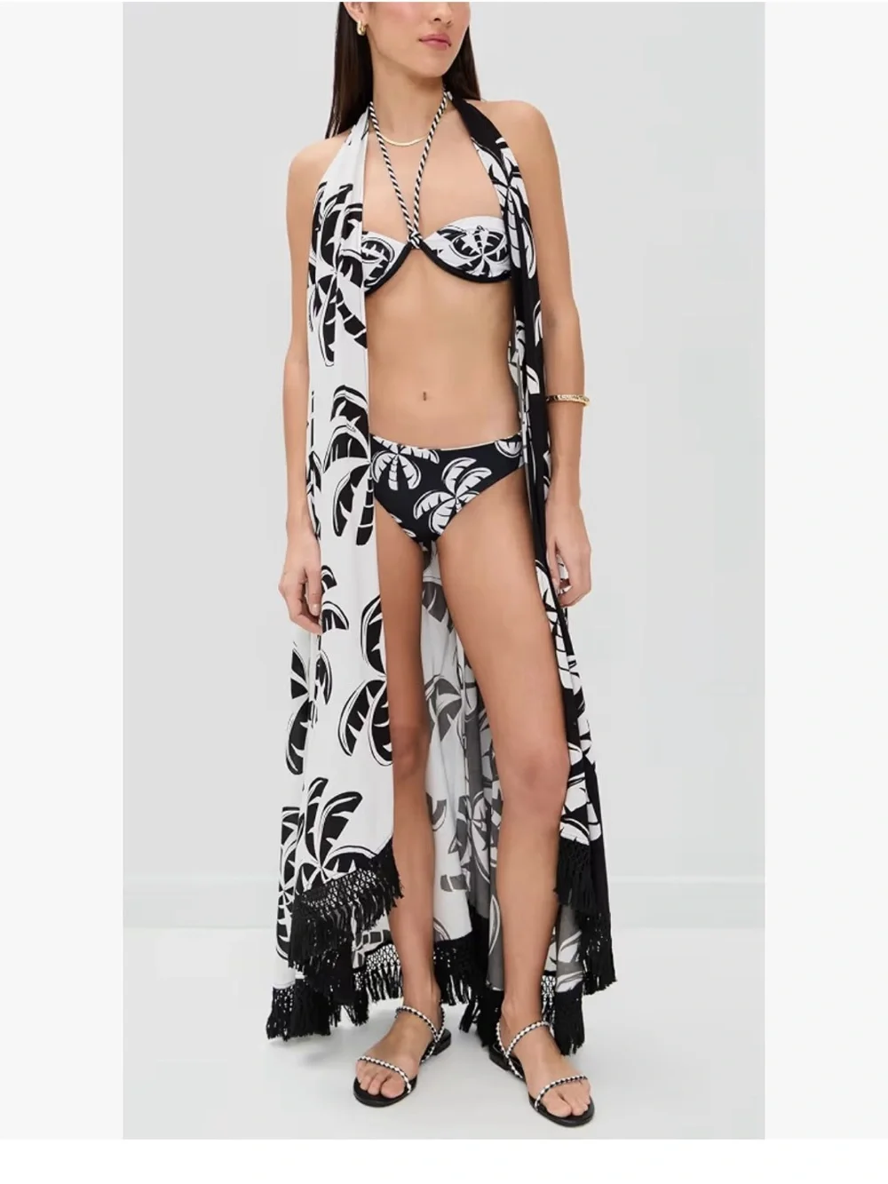 FARM Rio Black & White Palm Print Halter Maxi Dress - Picture 4 of 5